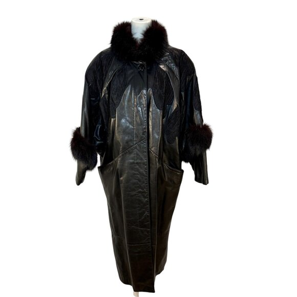 Vintage 1980s Oversized Leather Coat with Fur Trim and Appliqué Detail - Picture 1 of 7